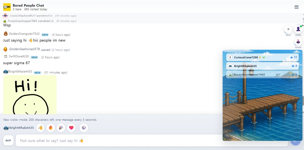 Bored People Chat with the online list and pixel world panel open