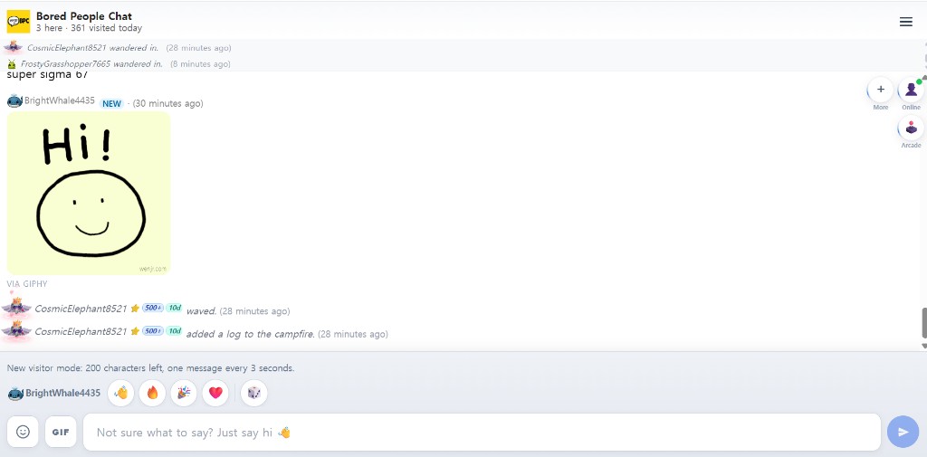 Bored People Chat public room with animal nicknames and a shared GIF