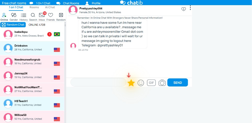 A suspicious private message on Chatib asking to move the conversation to email or Telegram