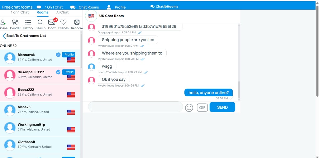 US Chat Room on Chatib with a hello message and little ongoing conversation