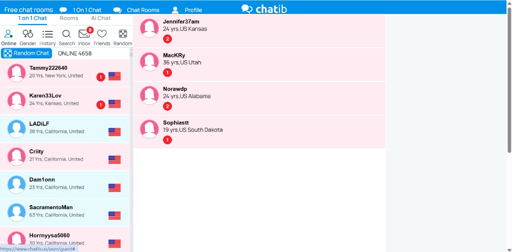 Chatib 1-on-1 chat list showing thousands of users online