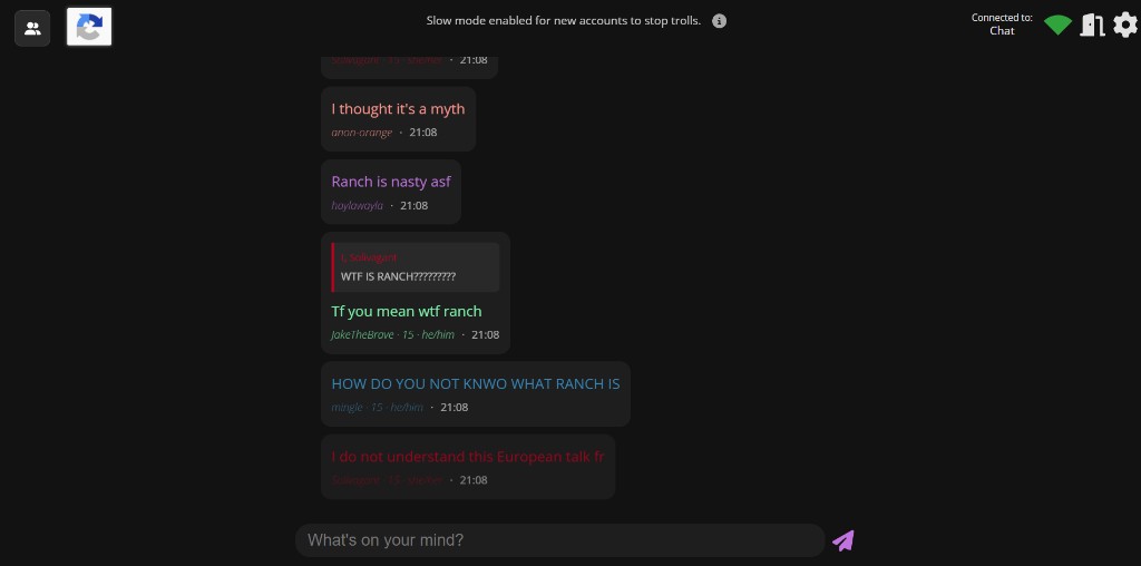 Active VentScape chat with colored usernames and overlapping threads
