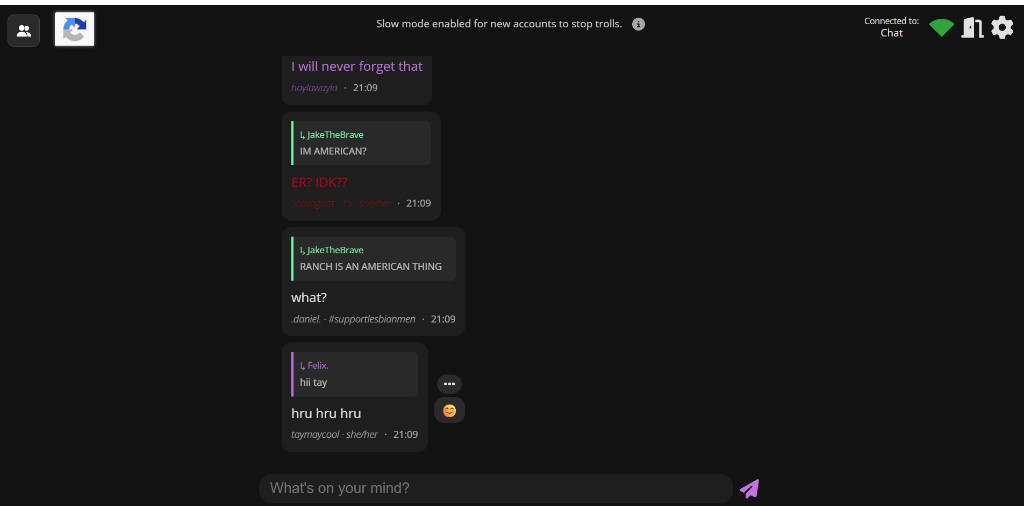 VentScape threaded replies in a dark interface with slow mode for new accounts