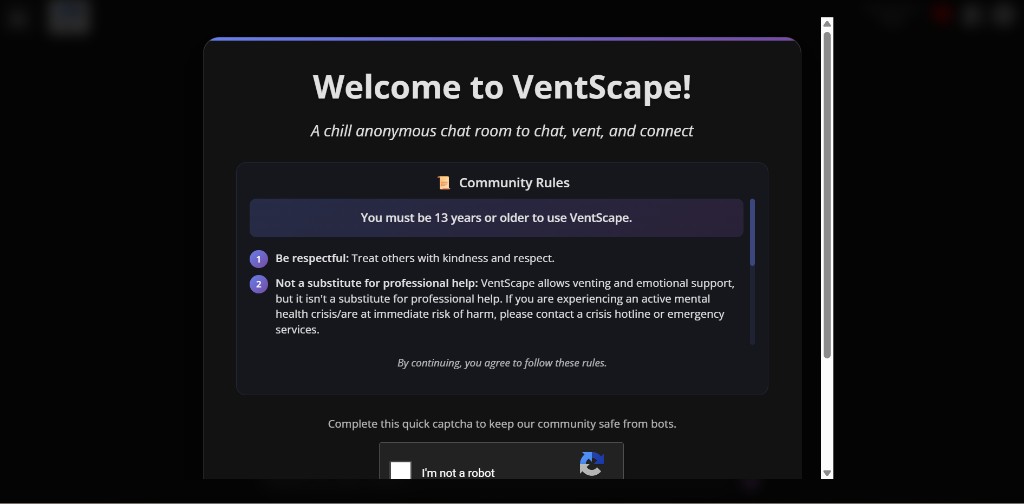 VentScape welcome screen with community rules and captcha