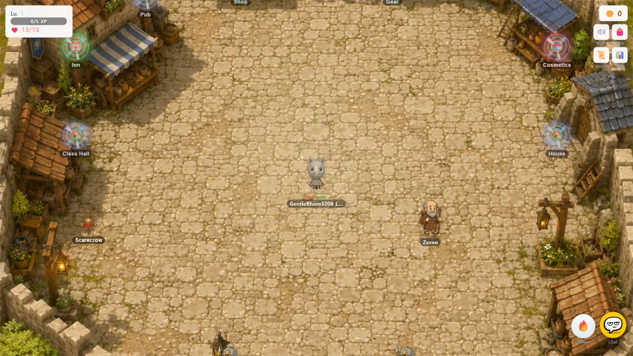 Animal MMO gameplay in Lumeno town, with an animal player, NPCs, portals, character stats, quests, and chat controls